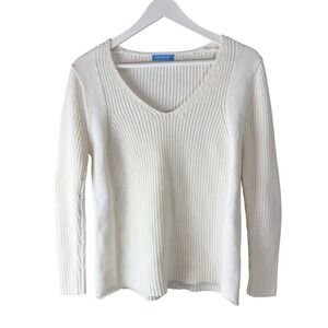 Burgess Womens Cream Cotton Cashmere Blend V-Neck Shaker Knit Sweater Size M